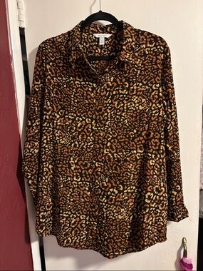 Nine West Black and Brown Leopard Print Button-Down Shirt